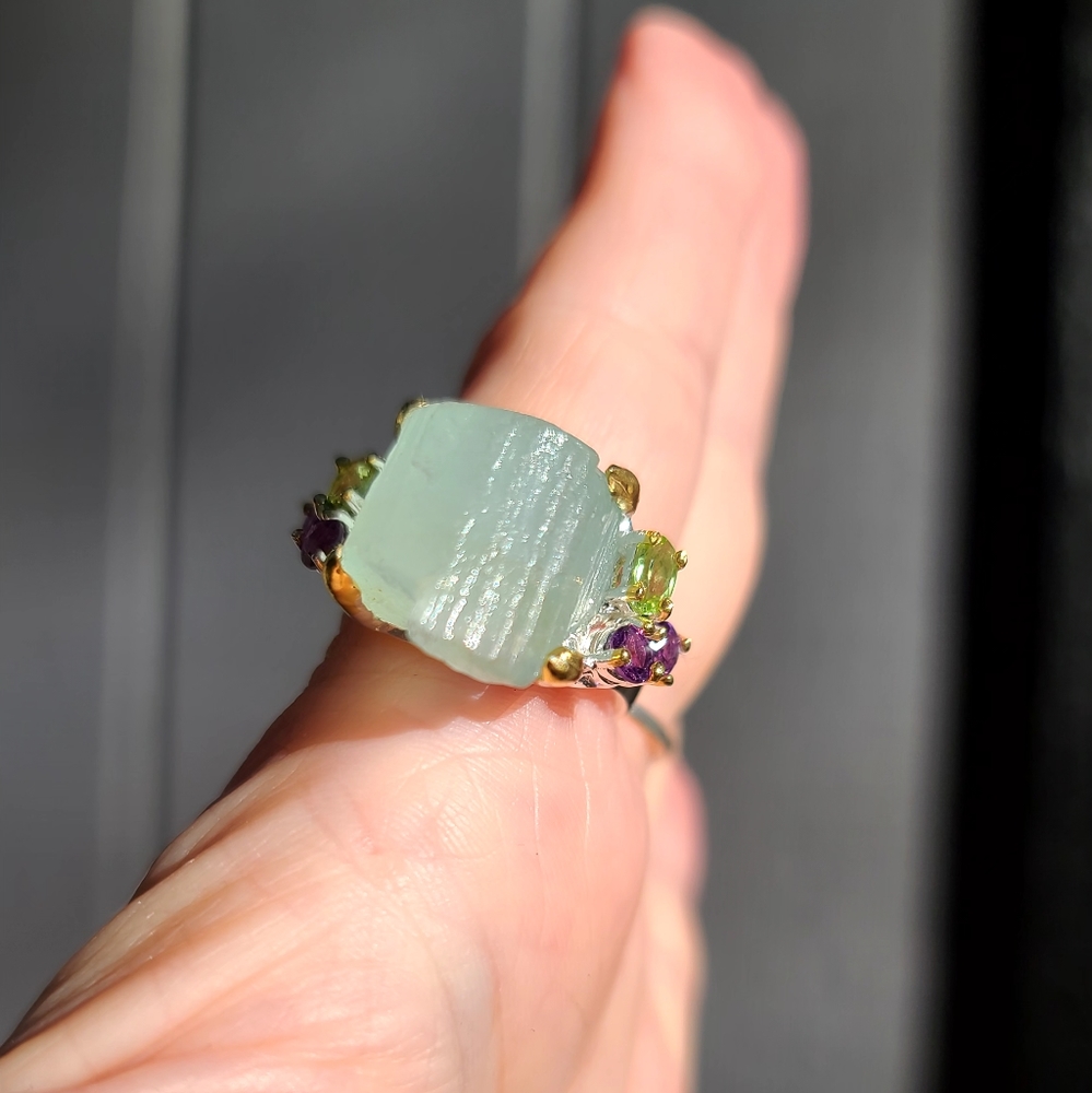 HUGE 30k Aquamarine RAW uncut w/Peridot & Amethyst Sterling &gold ring sz9 - Picture 8 of 9